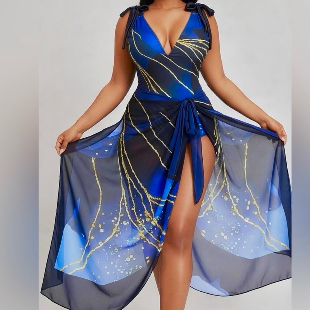 NEW Swimsuit + Sarong  Set,  blue and gold - #SW-SAR-0004